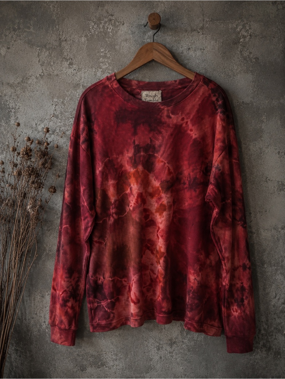 Rough and Tumble Vintage Hand Dyed Waffle Knit  Shirt Red Burgundy Cotton 1X 2X